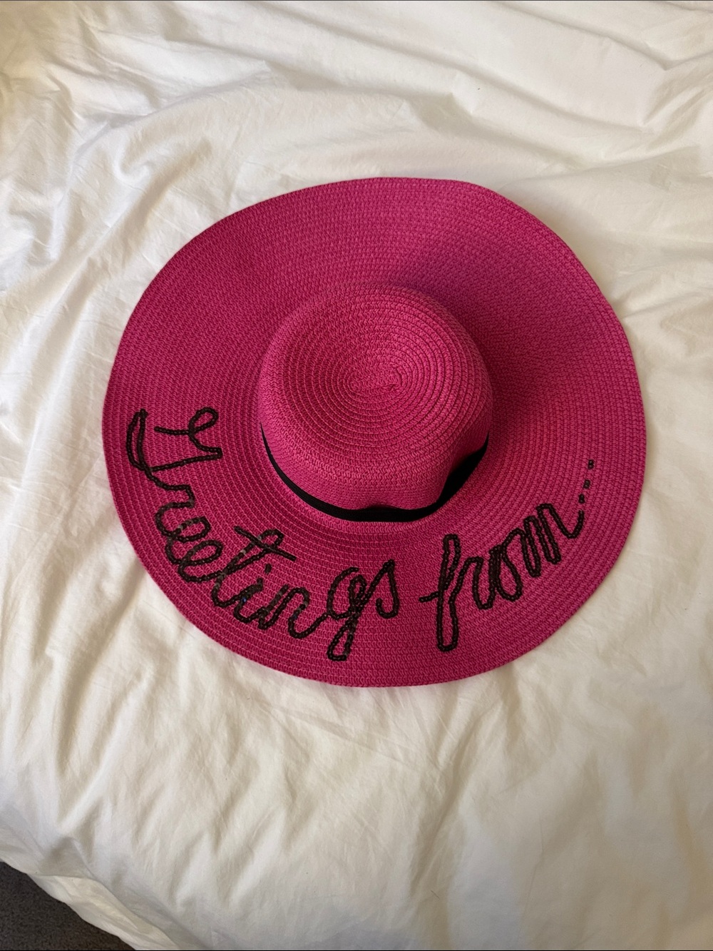 Hot Pink Wide Brim Straw Sun Hat - 'Greetings From' Embroidery
